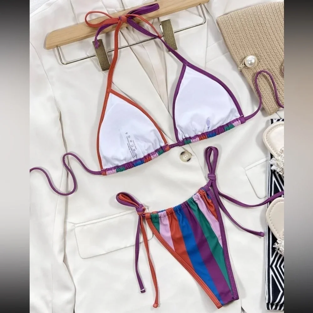 SHEIN - Striped Halter Triangle Bikini size small - Picture 2 of 3